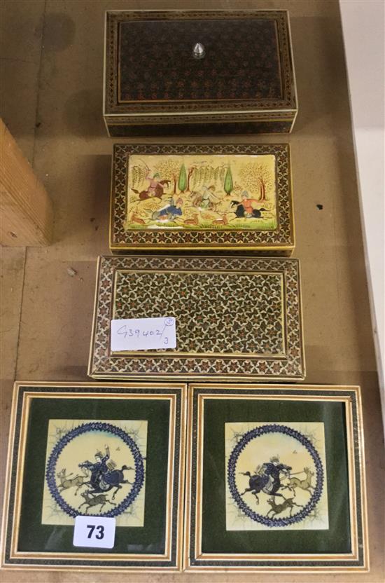 3 Persian boxes & pr of similar pictures